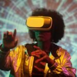 Black woman exploring virtual reality with headset and futuristic backdrop.
